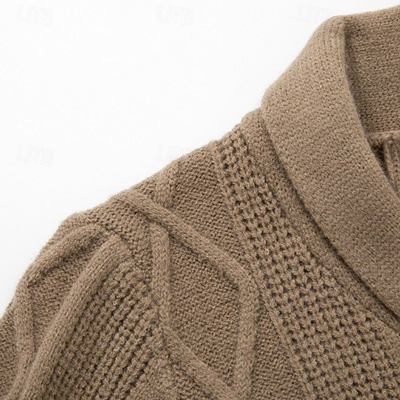 Button front detail on a men's shawl collar cardigan
