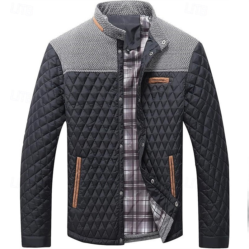 Men's quilted jacket showing the front zipper and stand collar