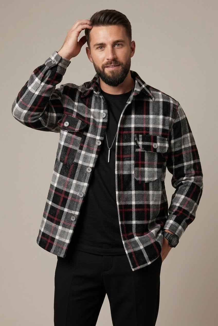 Back view of the men's checked relaxed fit overshirt