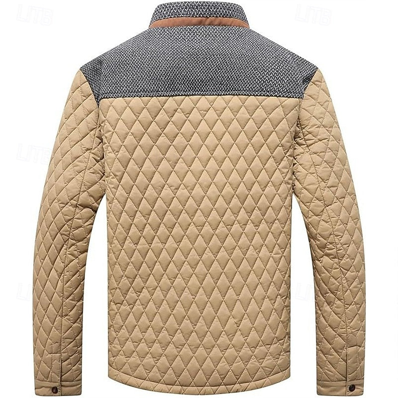 Close-up of the stand collar and quilted design on a men's jacket