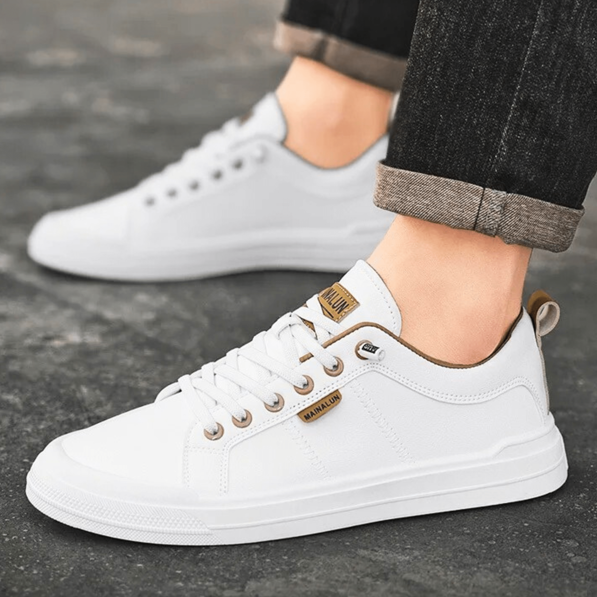 Side profile of a classic leather low-top sneaker