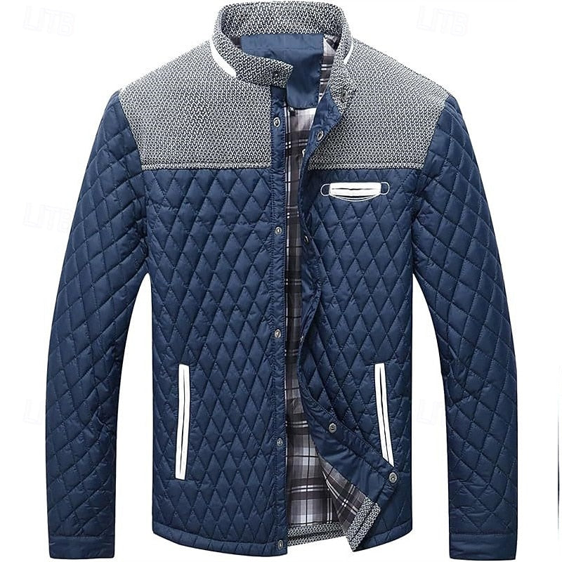 Back view of a men's quilted jacket with stitched panels