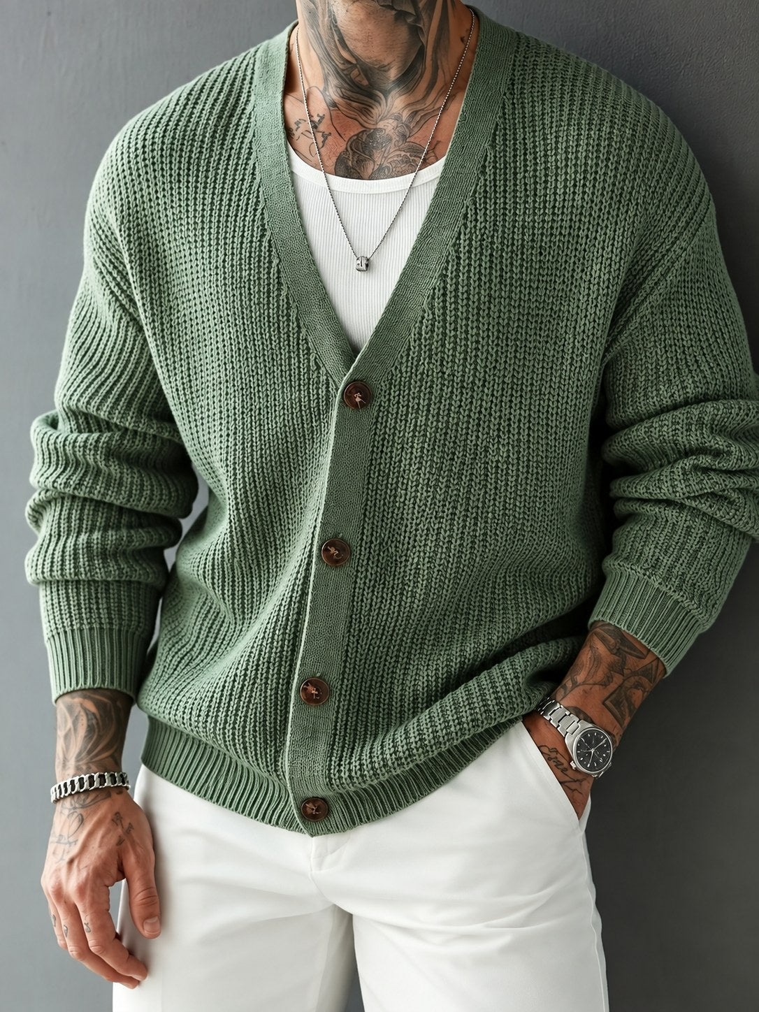 Chunky Ribbed V Neck Button Cardigan