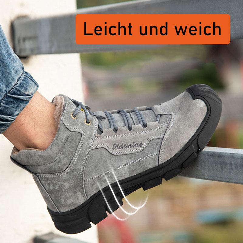 Pair of gray warm work shoes showing padded ankle collars