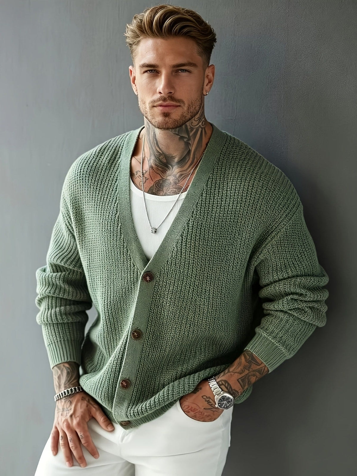 Close-up of the ribbed knit texture on a V-neck cardigan