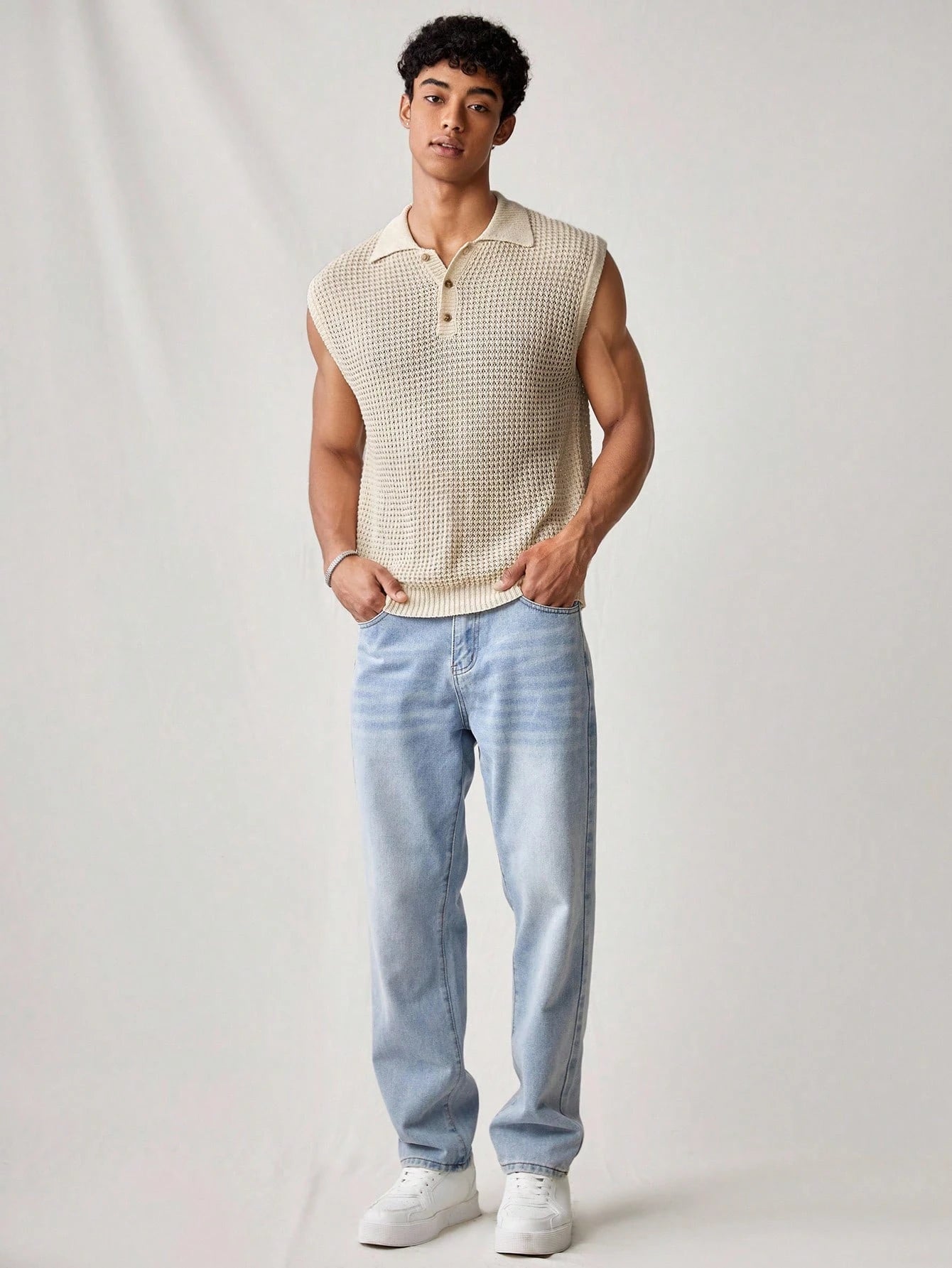 Men's Sleeveless Knit Polo Shirt Pointelle Hollow Out Black