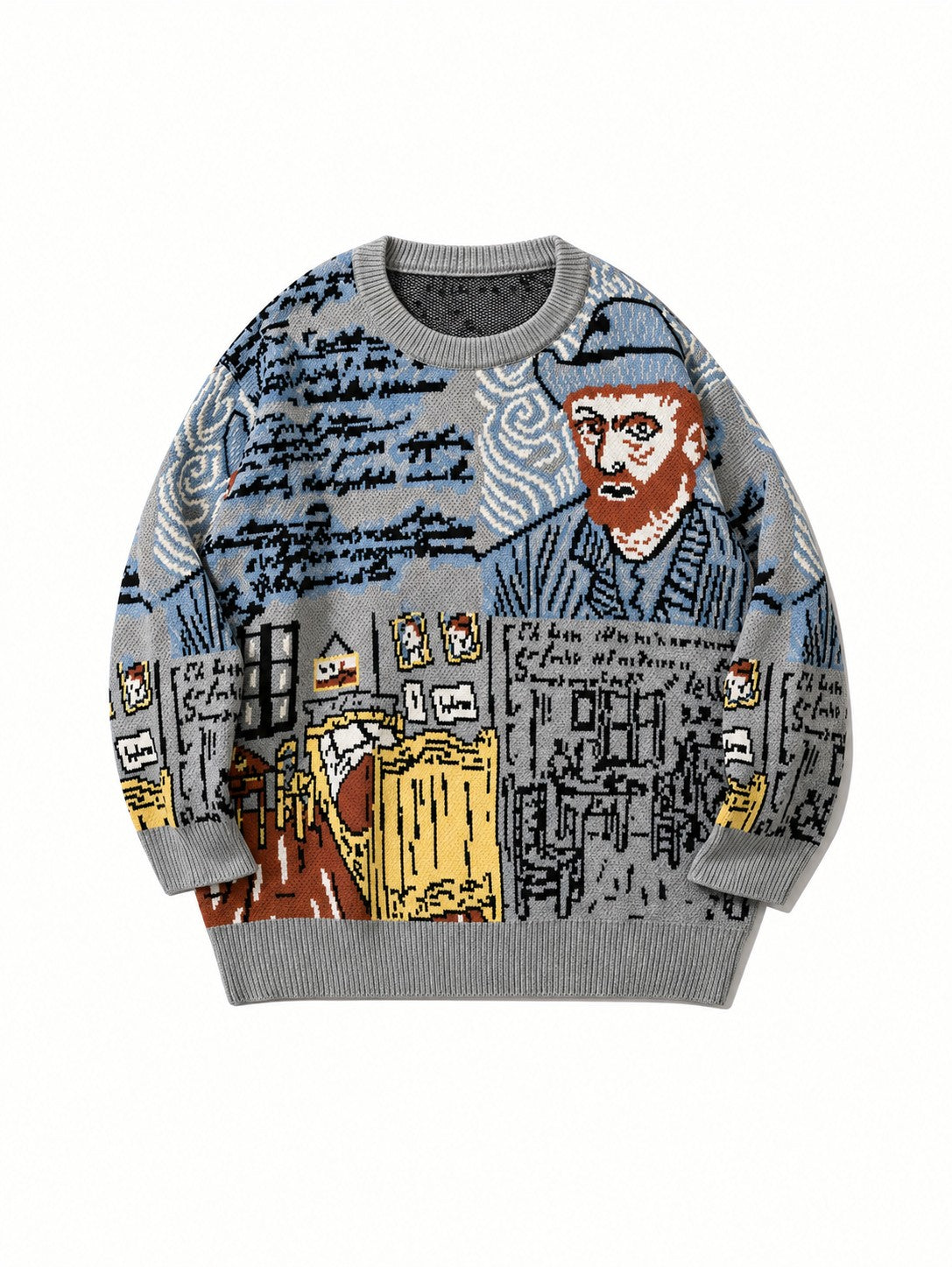 Portrait artwork motif displayed on the front of a crewneck sweater
