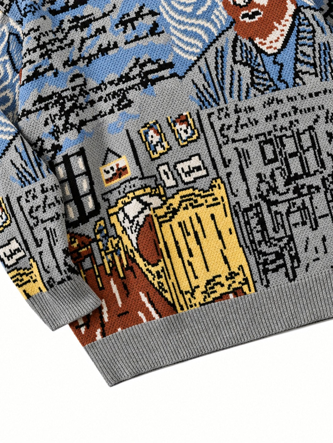 Side view showing the relaxed shape of the portrait motif pullover