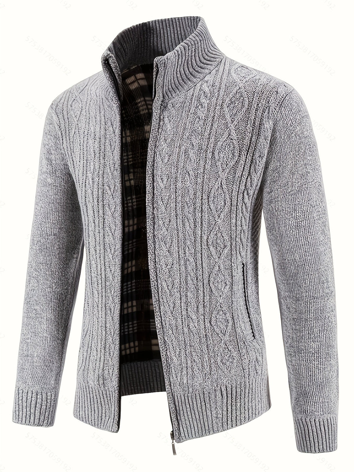 Detail of the full-length zipper on a men's knit cardigan