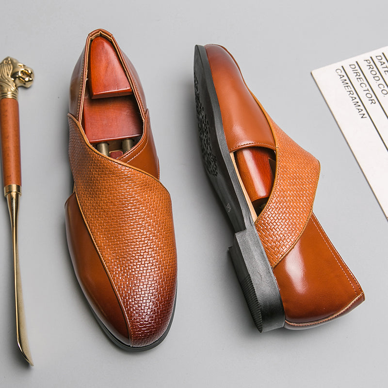 Side view of genuine leather cross-strap loafers