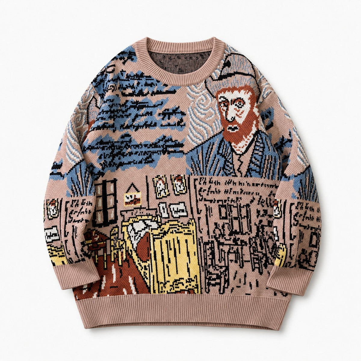 Jacquard Portrait Motif Crewneck Pullover