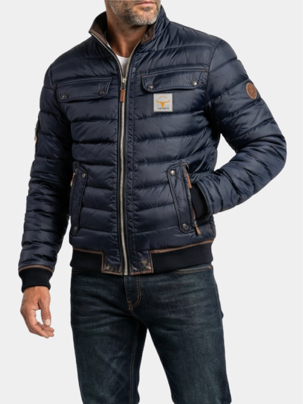 Men's vintage stand collar jacket shown from the front