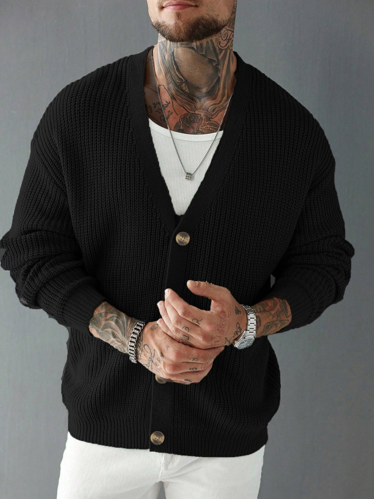 Long sleeves and ribbed knit texture on a button cardigan