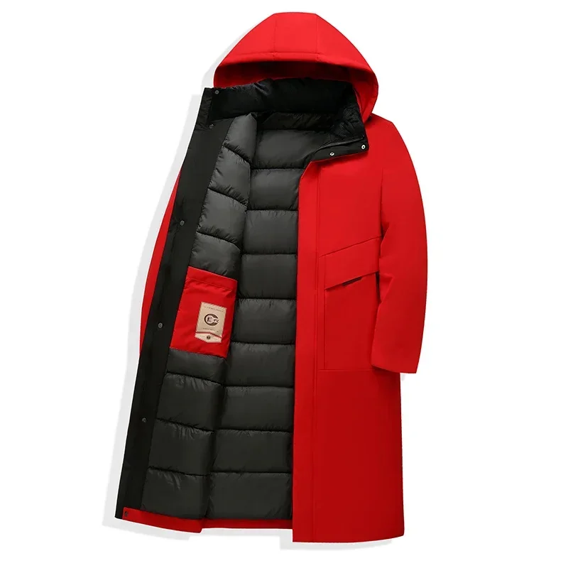 Back view of the men's quilted coat showing its hood and full coverage