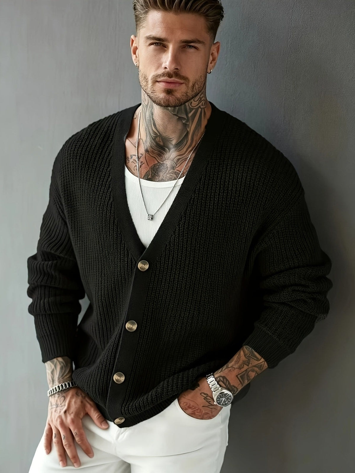 Chunky ribbed cardigan styled as an everyday layering piece