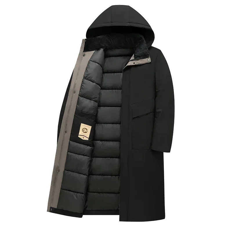 Men's long hooded coat styled as a warm winter outerwear layer