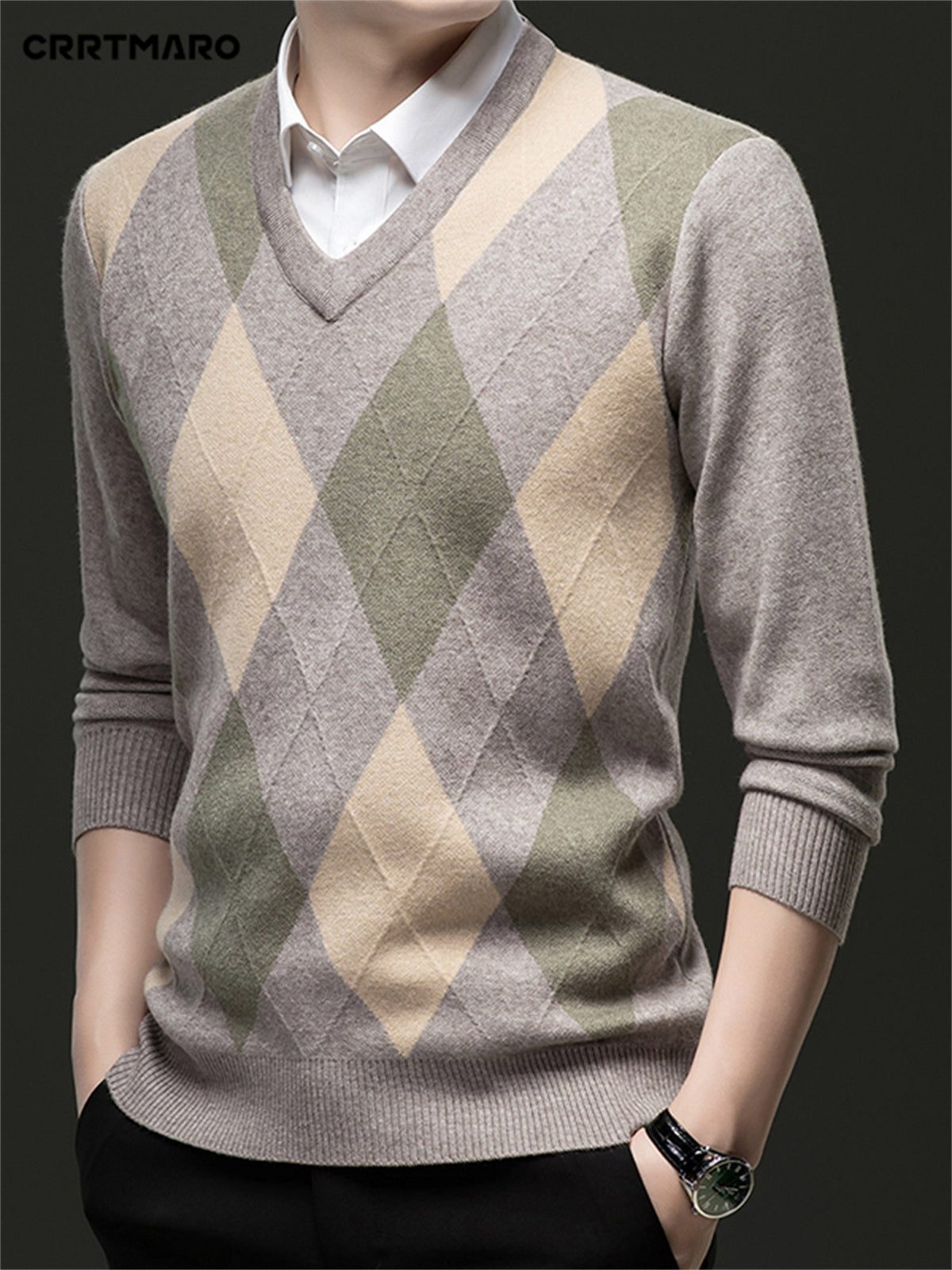 Close-up of the argyle diamond pattern on the sweater