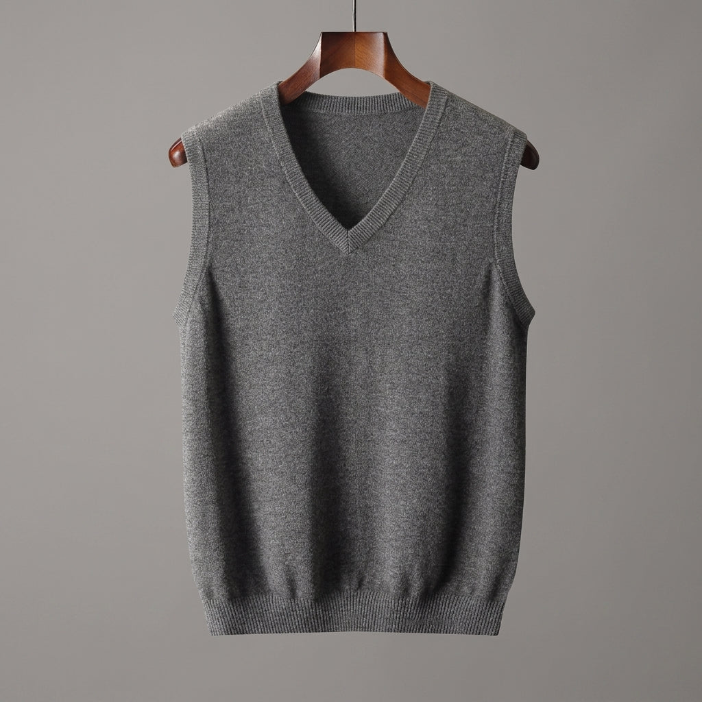 Front view of a V-neck knit sweater vest styled over a shirt