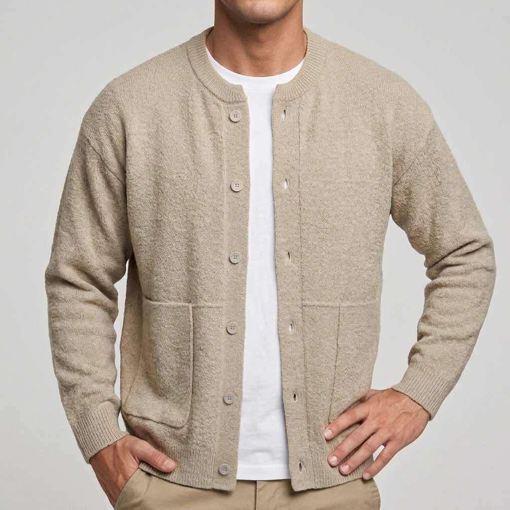 Button-front knit cardigan styled with a casual outfit