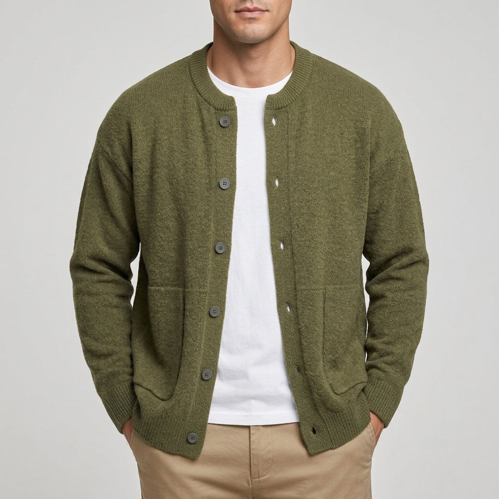 Close-up of the cardigan's knit texture and button front