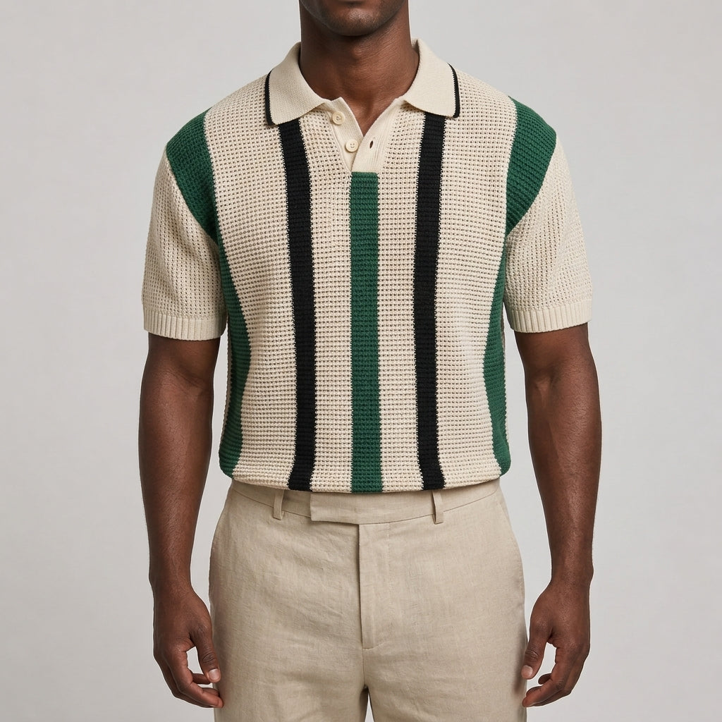 Striped V-neck polo shirt styled for everyday wear