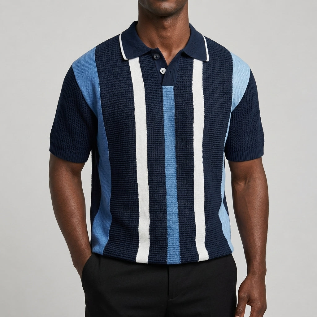 Striped V-neck polo shirt shown from the front