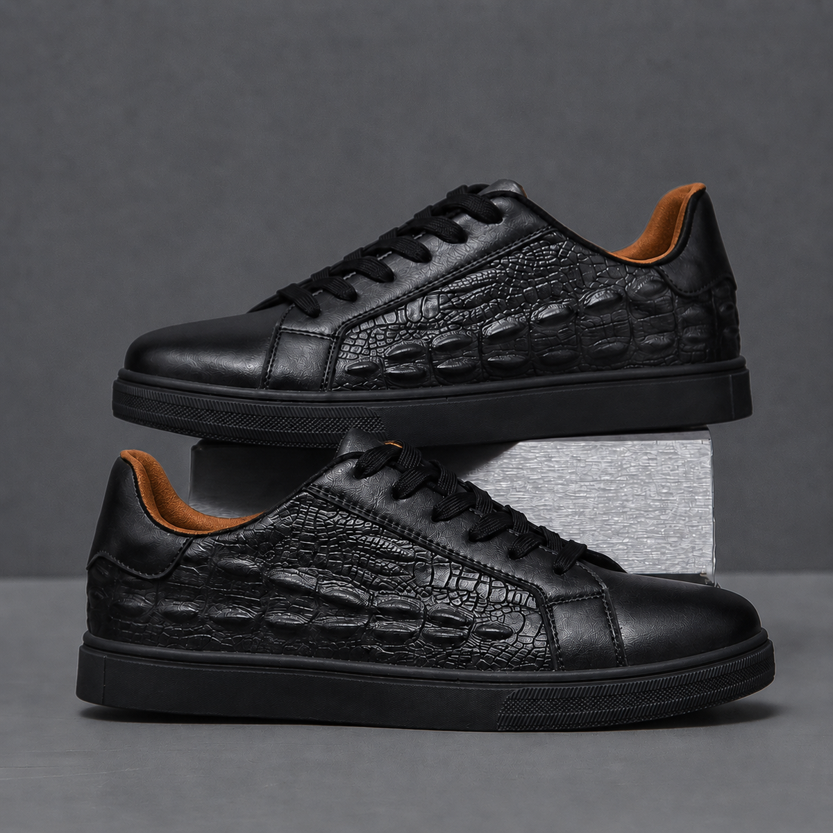 Lace-up detail on crocodile texture leather court sneakers