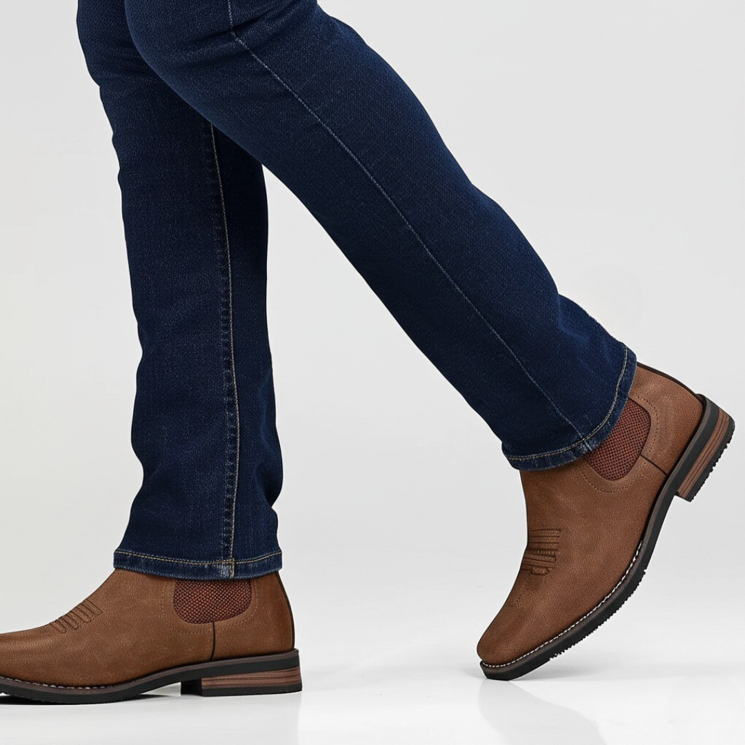 Men's leather boots shown from the rear