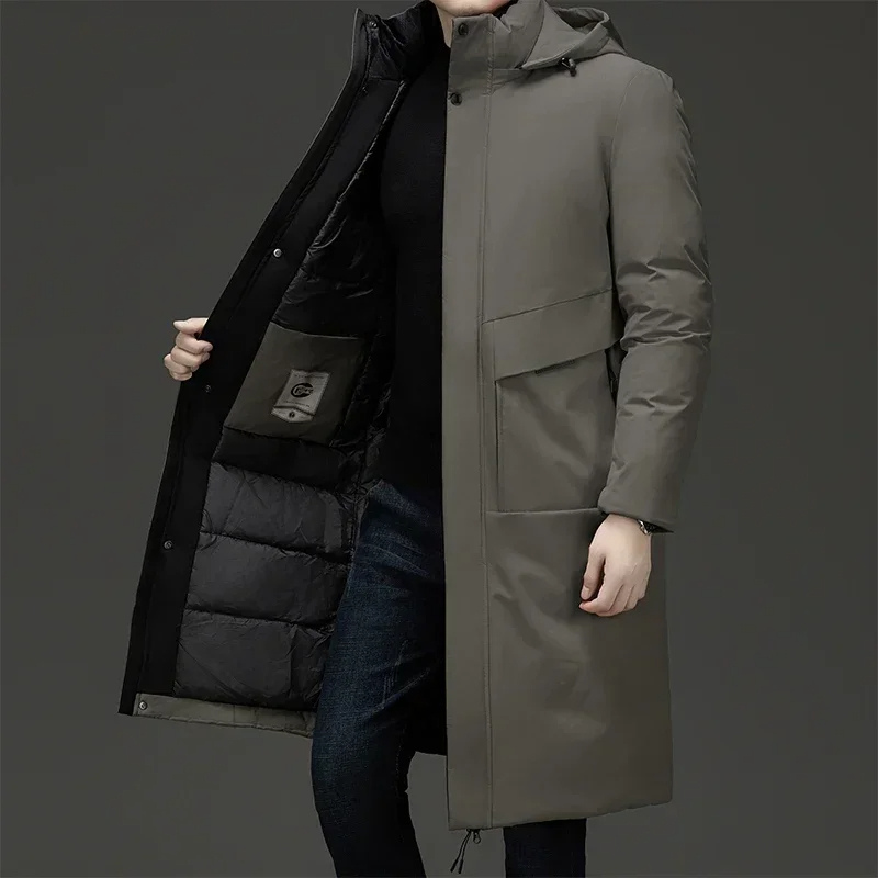 Men's long quilted coat with an attached hood shown from the front