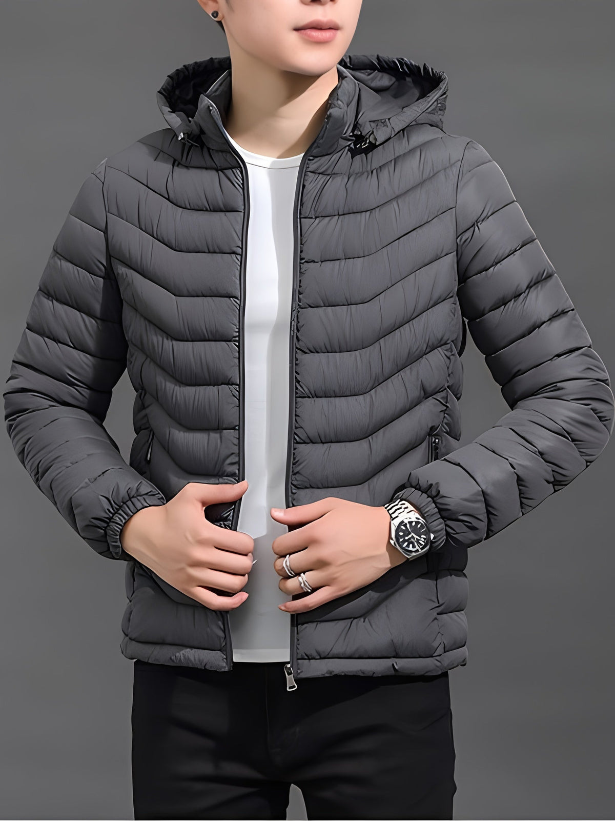 Front zipper and pocket details on a men's padded jacket