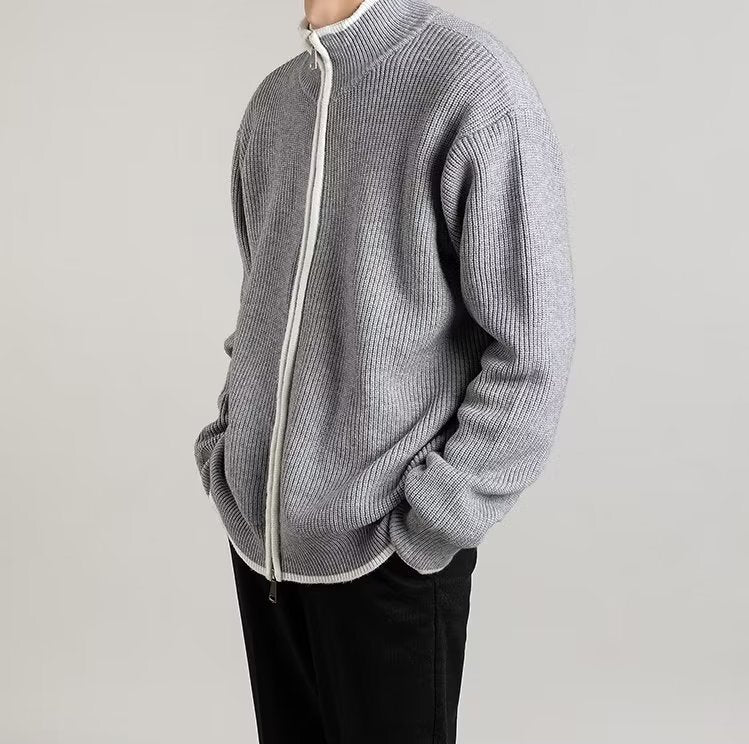 Close-up view of the men's open front cardigan design