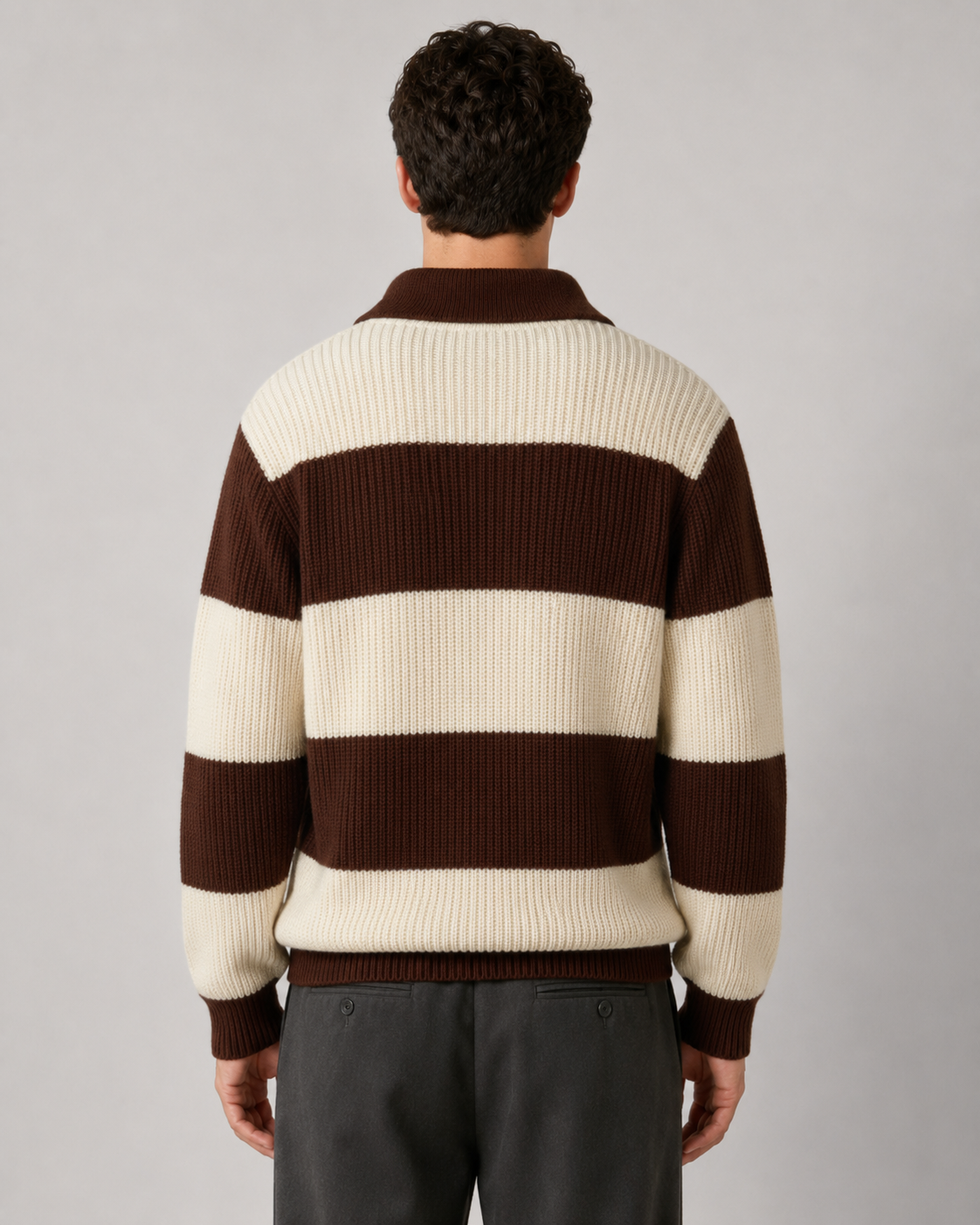 Men's Ribbed Knitted Striped Polo Sweater Chocolate Brown