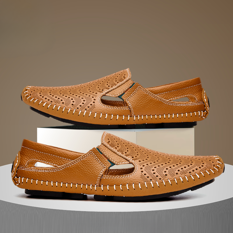 Perforated leather sandals showing the open-toe shape