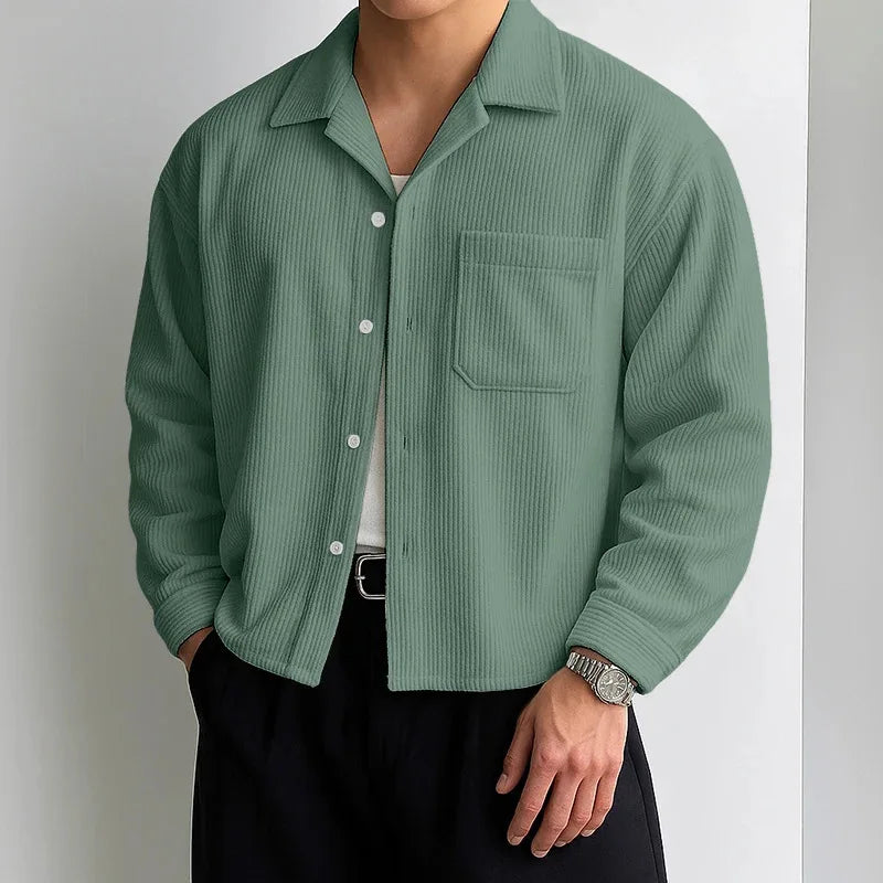 Men's Corduroy Cropped Long Sleeve Shirt Casual Loose Fit