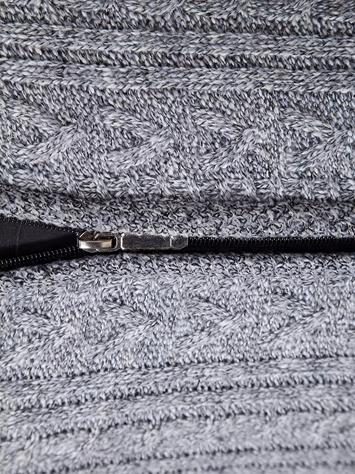 Men's textured knit cardigan displayed flat with zip front visible