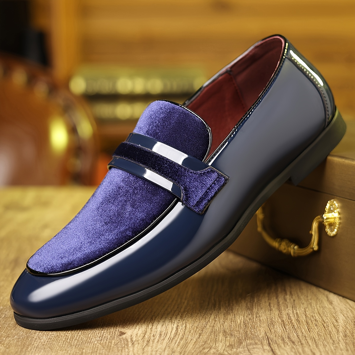 Patent leather contrast panel loafers, three-quarter view