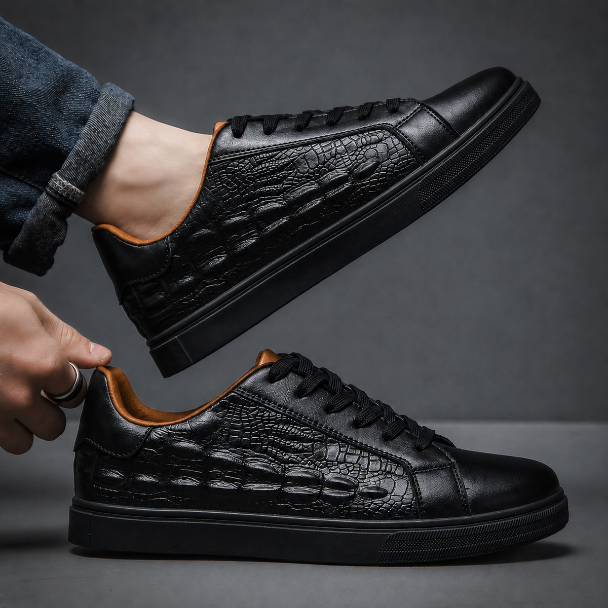 Leather sneaker toe with crocodile texture detail