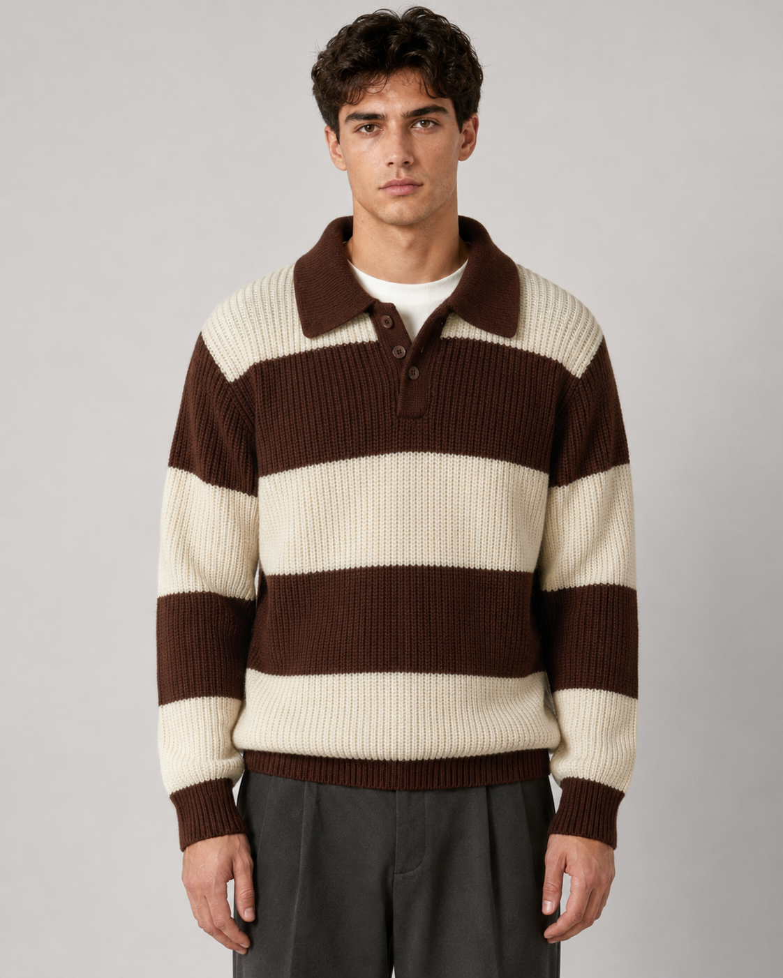 Men's Ribbed Knitted Striped Polo Sweater Chocolate Brown