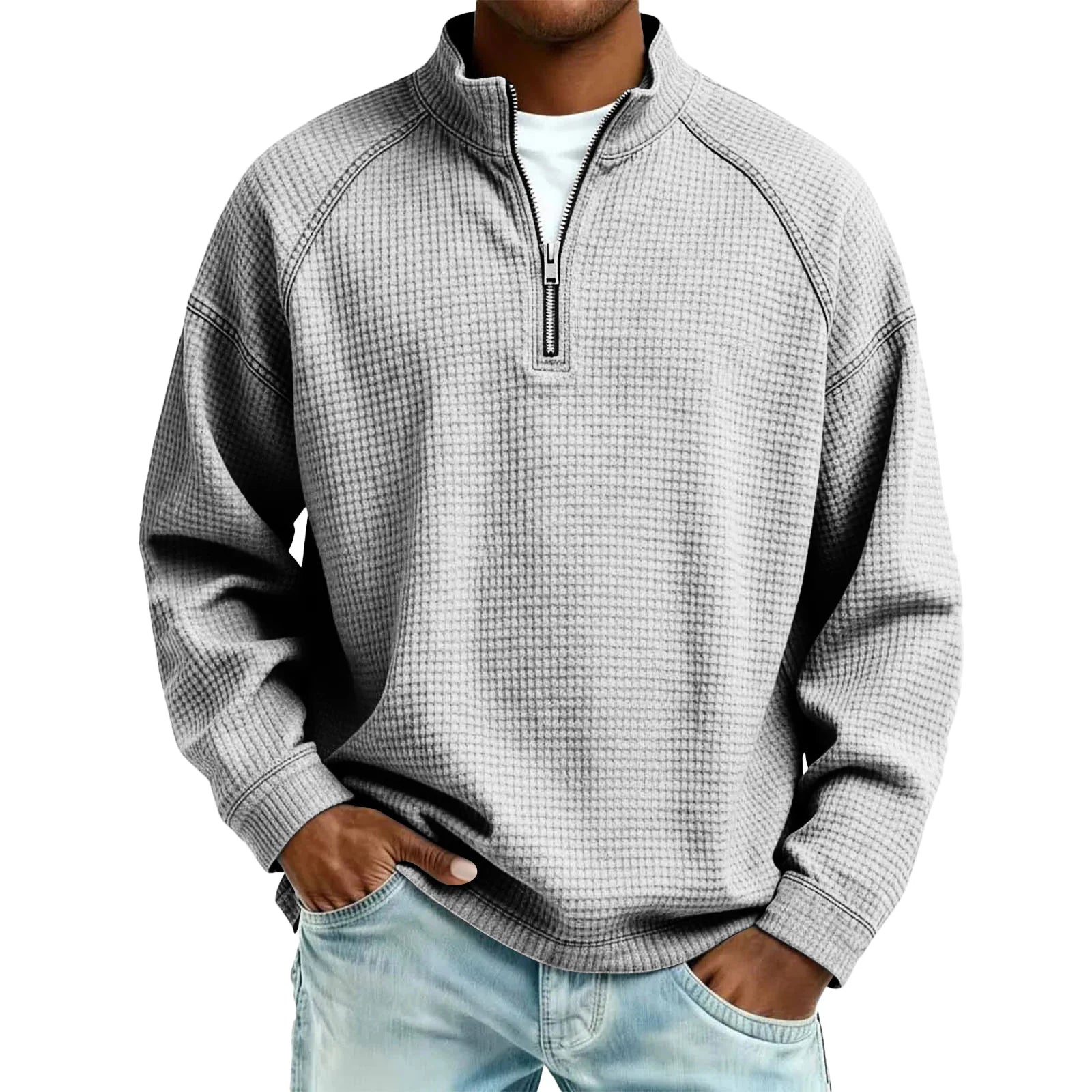 Men Waffle Knit Quarter Zip Pullover Loose Fit Casual Top