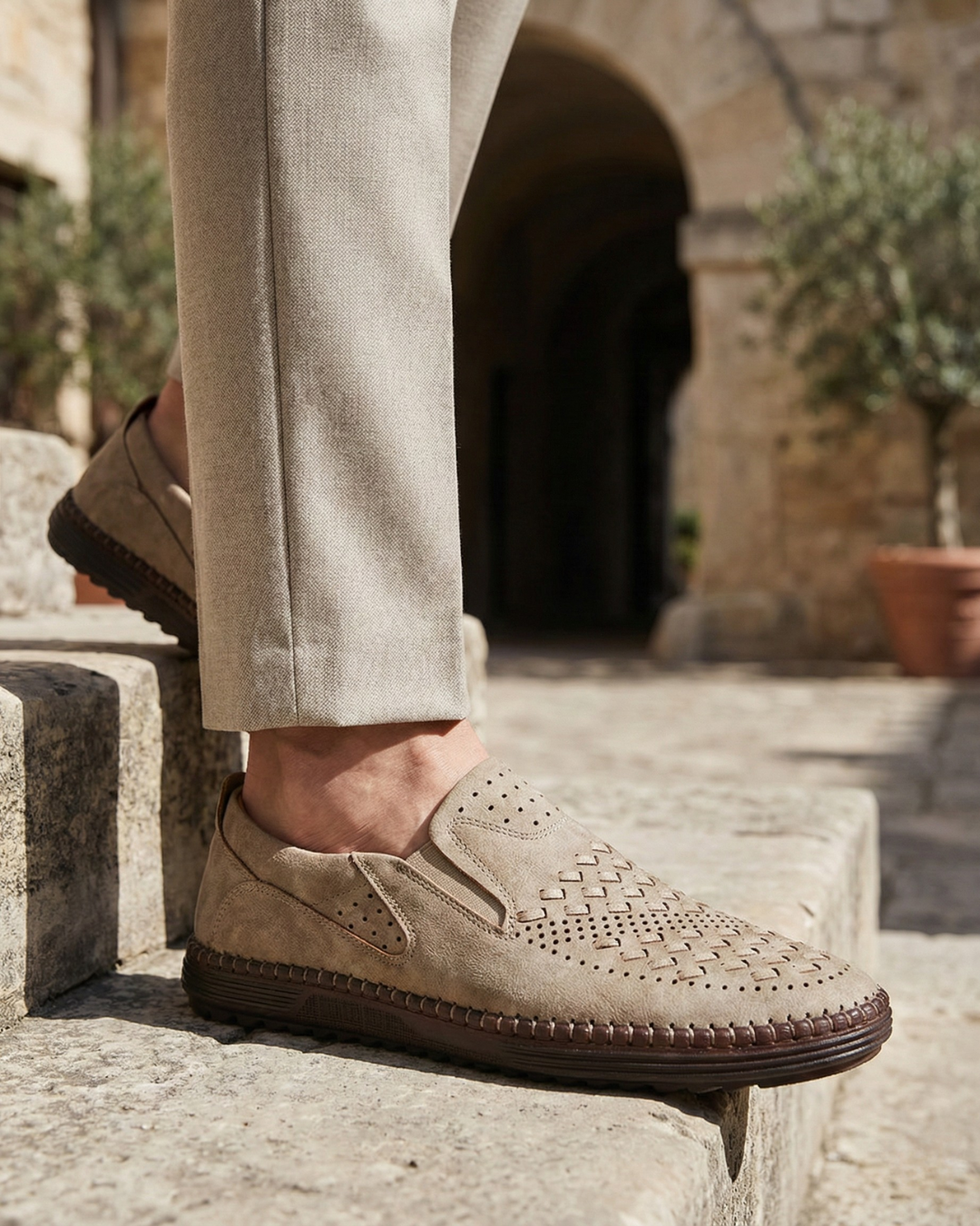 Top view of leather loafers with rounded toe and refined styling