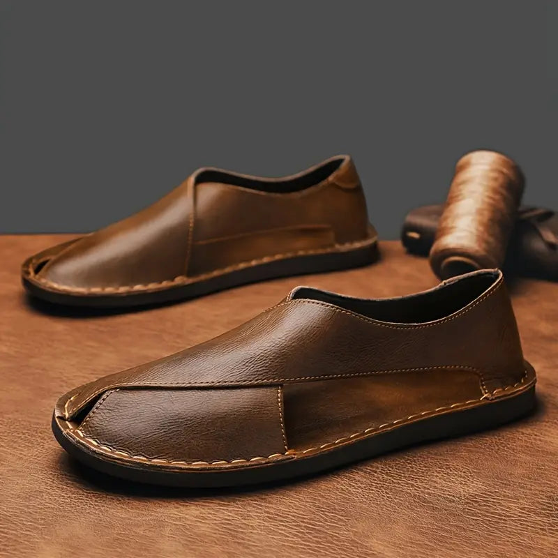 Genuine leather crossover flat sandal viewed from the side
