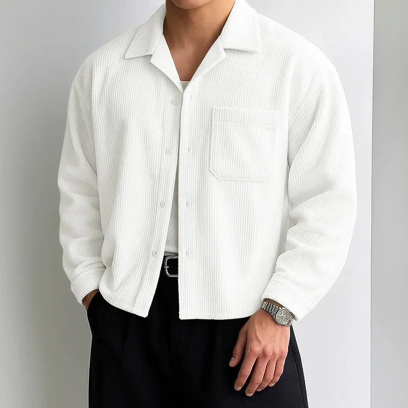 Men's Corduroy Cropped Long Sleeve Shirt Casual Loose Fit