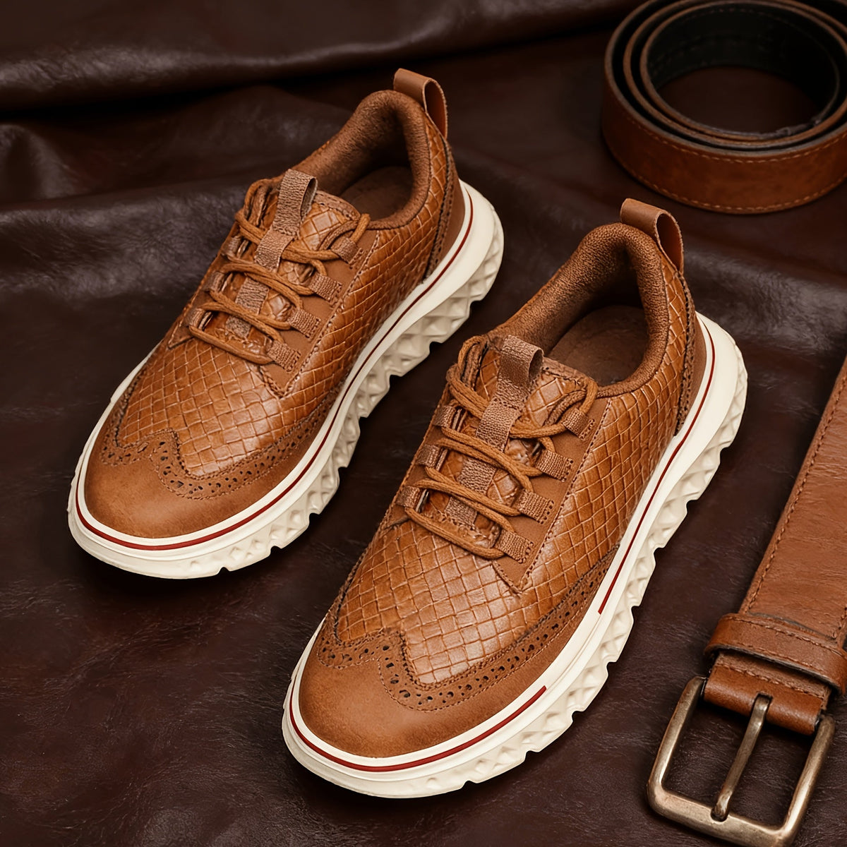 Textured brogue sneakers with a sculpted sole shown from the side