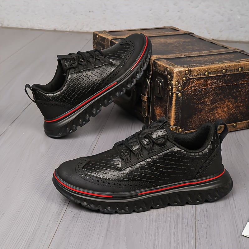 Close-up view of brogue perforation details on textured sneakers