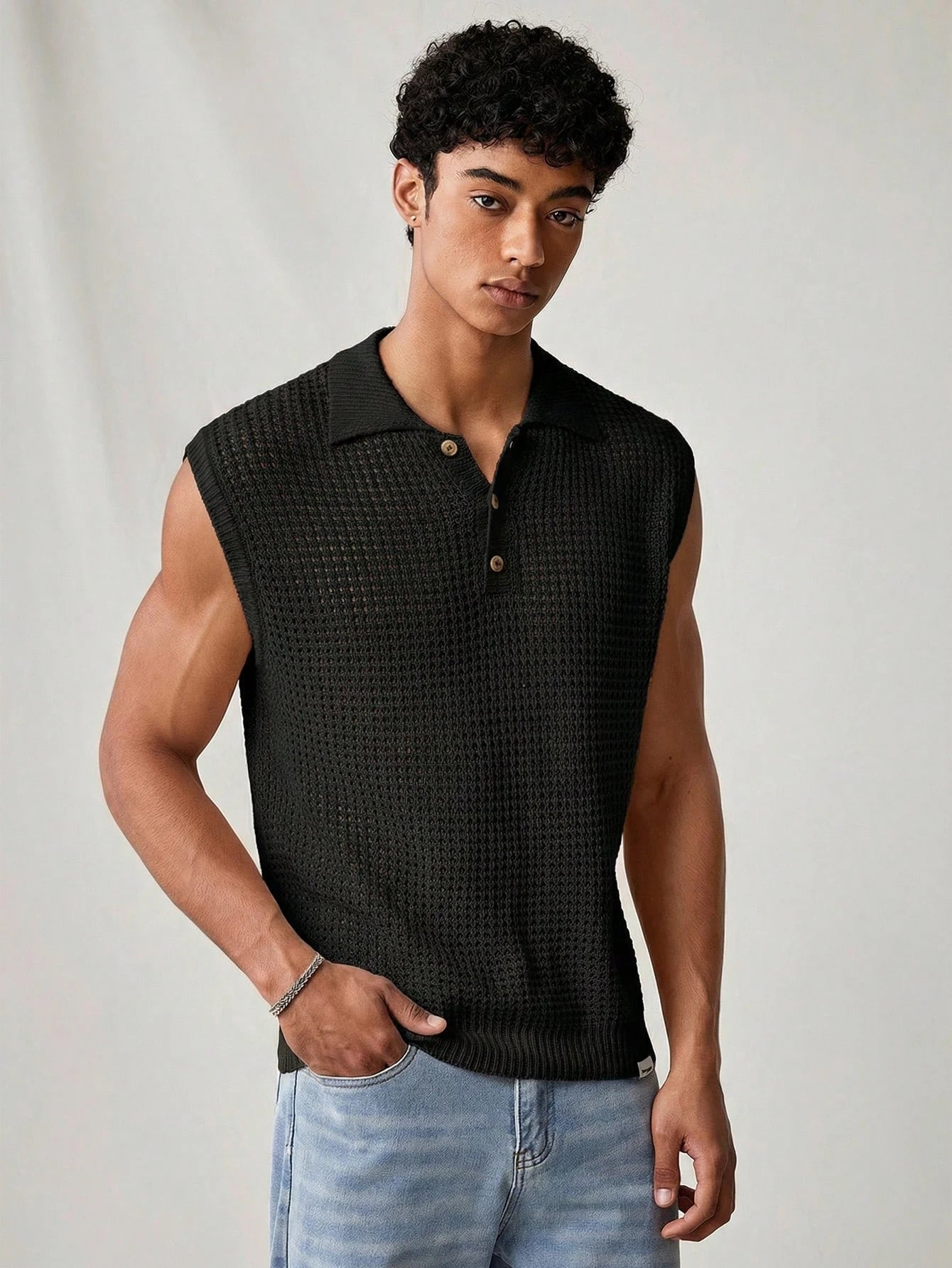 Men's Sleeveless Knit Polo Shirt Pointelle Hollow Out Black