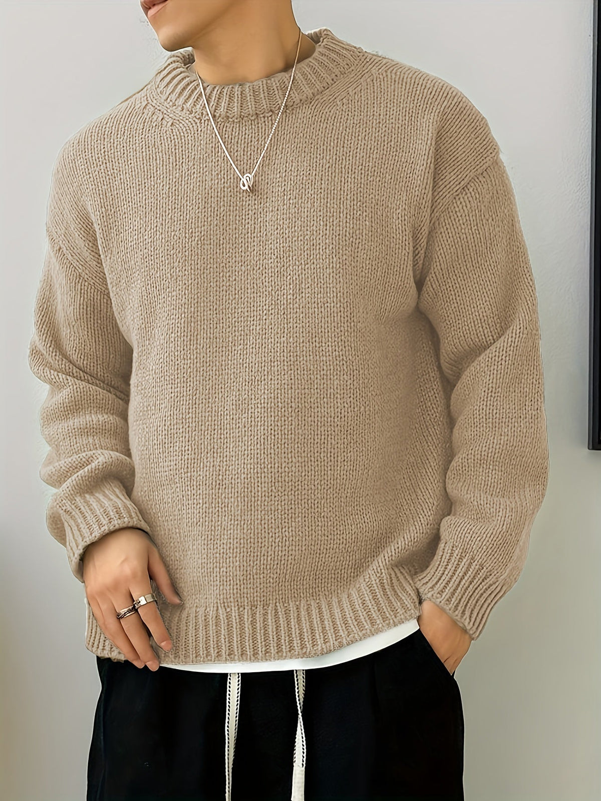 Textured knit oversized crewneck sweater front view
