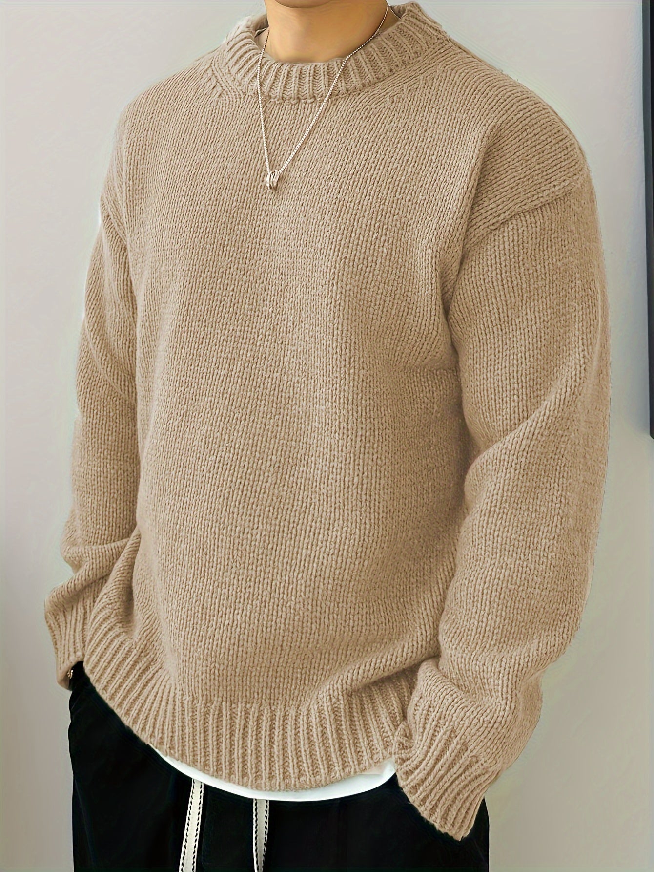 Textured Knit Oversized Crewneck Sweater