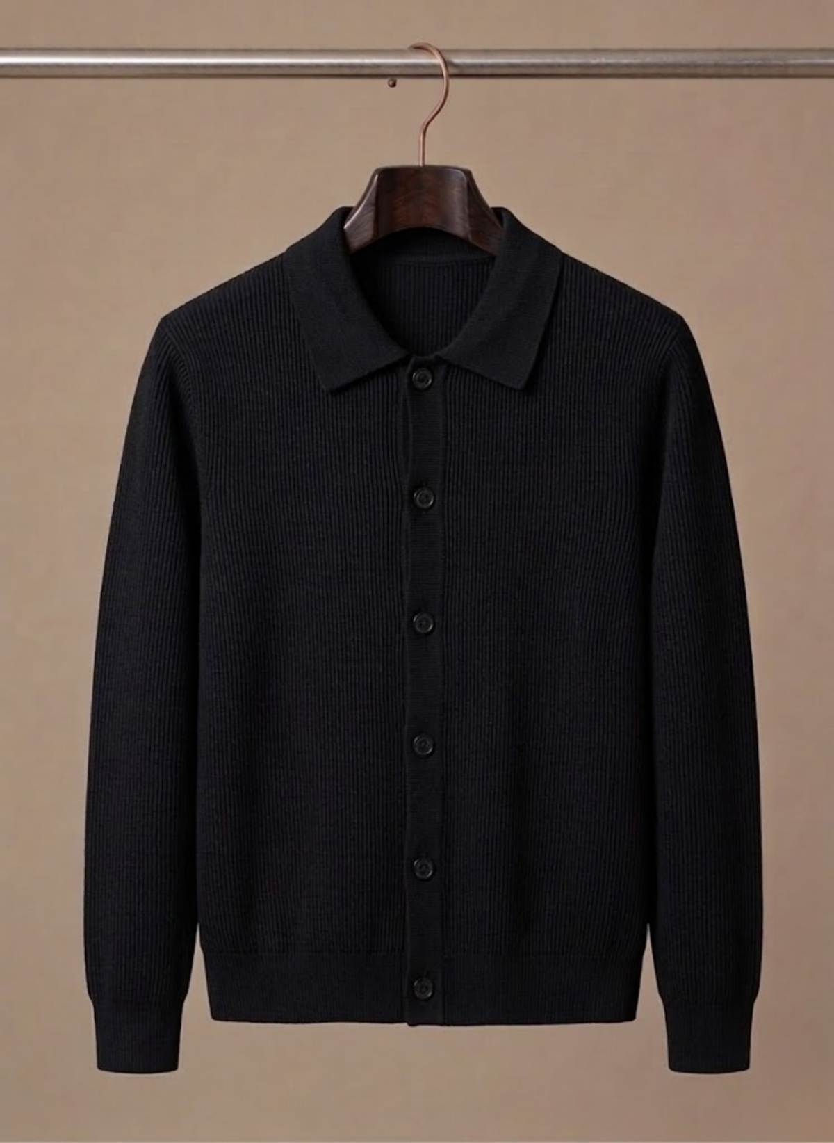 Side view of a men's relaxed fit long sleeve cardigan