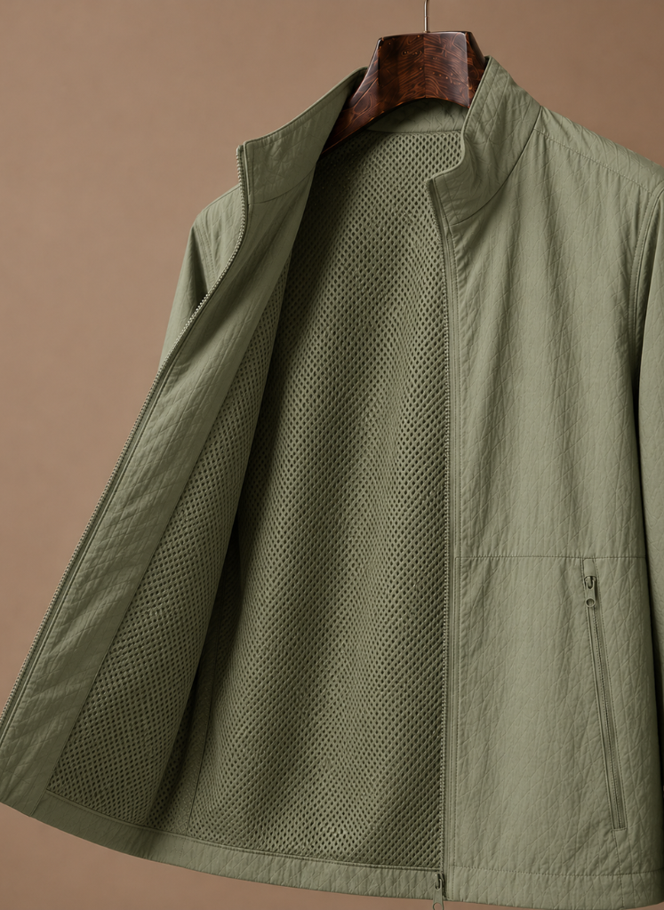 Close-up of the bomber jacket hem and ribbed waistband