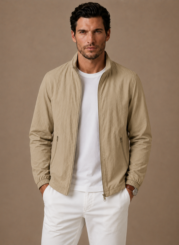Close-up of the mesh lining inside a men's bomber jacket